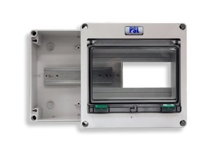UL listed and IP65 protection. Hinged window and integrated DIN Rail. 18.2cmW x 18cmH x 12.3cmD (7.2