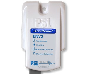 Ambient Temperature, Humidity, Barometric Pressure, plus 3-axis accelerometer for shock/vibration sensing. Includes 2 meter USB cable for connection to PQube 3