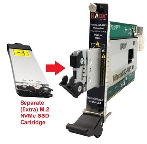 8TB M.2 NVMe SSD COTS Replacement / Upgrade Data Cartridge for Trifecta-SSD-RM PXIe/CPCIe Data Storage Modules. PCIe G3 x4 I/F, up to ~3.5/3.0 GB/Sec Seq. R/W Perf, 5,600 TBW & >500 Mating Cycles.