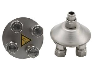 Quad distributing adapters, M16x1 female to 5x M16x1 male fittings, with barbed fittings for tubing 8 or 12 mm / 1/2