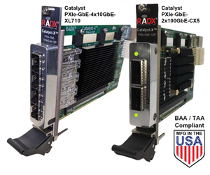 Catalyst-GbE COTS, 1-Slot, PXIe Dual 25GbE (2 x 25GbE) Network Interface Controller with NVIDIA Mellanox ConnectX-6 MCX631102AN-ADAT 2 x 10/25 GbE NIC. Includes PCIe G3 x8 I/F and 2 x SFP28 Transceiver Slots.