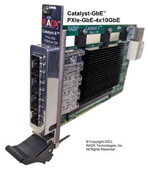 Catalyst-GbE COTS, 1-Slot, PXIe Quad 10GbE (4 x 10GbE) Network Interface Controller with Intel XL710-BM1 4 x 10GbE PCIe NIC. Includes PCIe G3 x8 I/F and 4 x SFP+ Transceiver Slots.