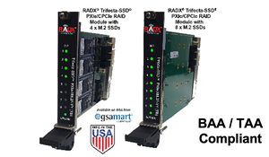 Trifecta COTS, 1-Slot, PXIe-SSD-RAID Module with 8 x 8TB NVMe M.2 SSDs, 64TB UF Capacity, PCIe G3 x8 I/F, 38.4 to 44.8 PBW Write Endurance, and up to ~7 GB/Sec Sequential, Sustained R/W Perf. Unique 8 x SSD design for consistent write performance.